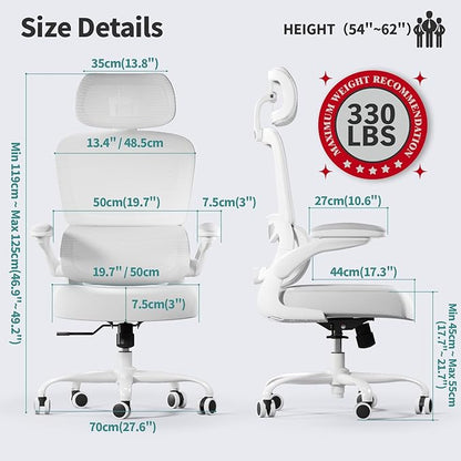 Ergonomic Mesh Office Chair with Wheels, High Back Desk Chair for Home or Gaming, 330 lbs Capacity – White