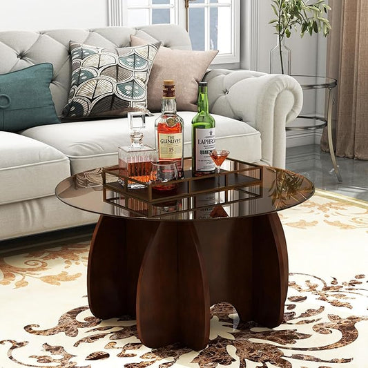 Round Glass Coffee Table, Modern Accent Center Table for Living Room, Small Space Furniture