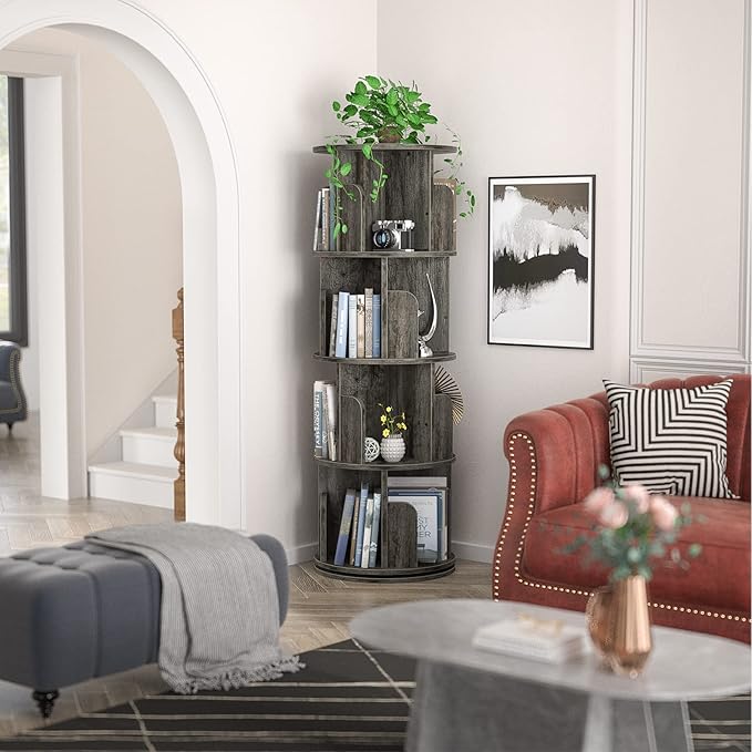 Rotating 4-Tier Bookshelf, 360° Corner Bookcase Storage Rack for Small Spaces, Grey Oak