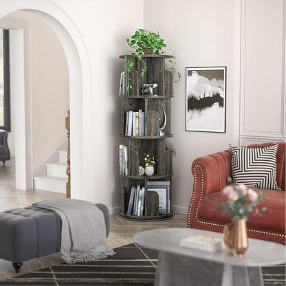 Rotating 4-Tier Bookshelf, 360° Corner Bookcase Storage Rack for Small Spaces, Grey Oak