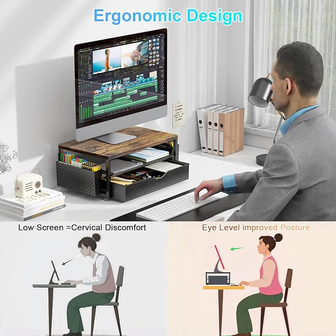 Wood Monitor Stand Riser with Drawer and Pen Holder – 2-Tier Desk Organizer Shelf for Computer, Laptop, and Office Supplies