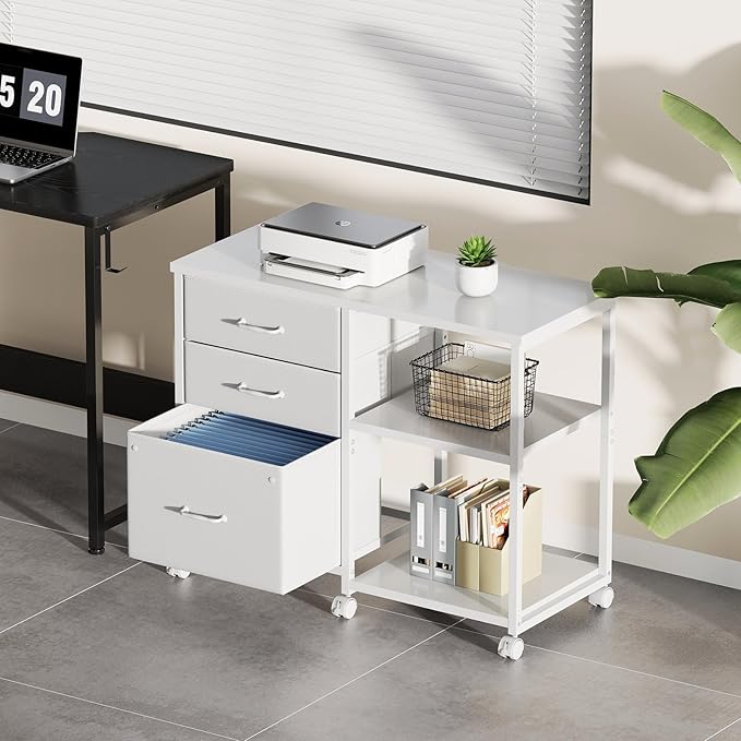 3-Drawer Rolling File Cabinet with Open Shelf – White