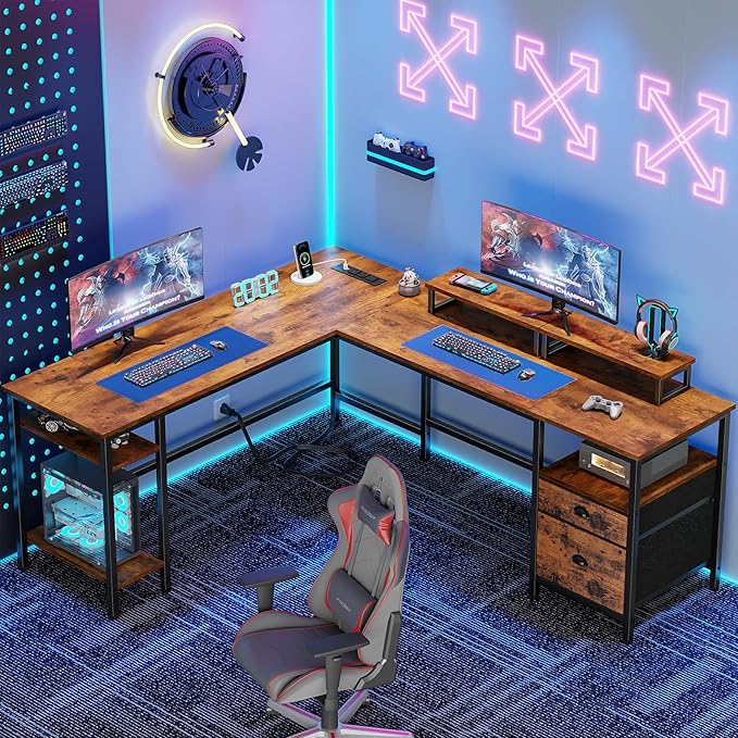 L-Shaped Computer Desk with Power Outlet, File Drawer, Monitor Stands & Storage Shelves for Home Office or Gaming