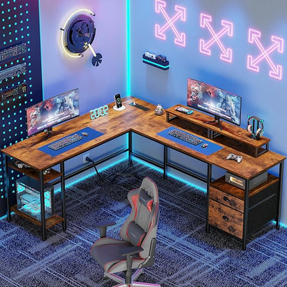 L-Shaped Computer Desk with Power Outlet, File Drawer, Monitor Stands & Storage Shelves for Home Office or Gaming
