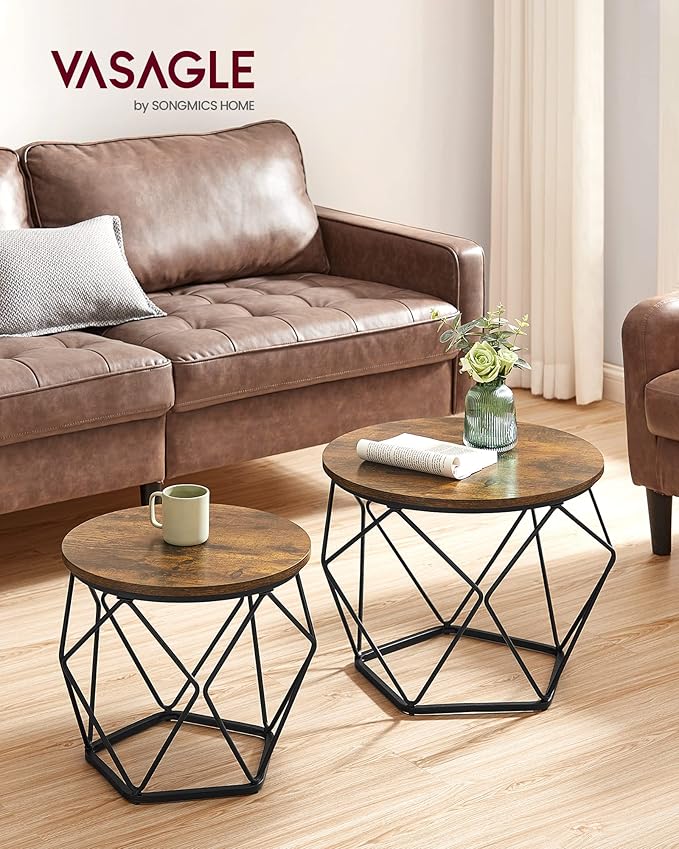 Round Coffee Table Set of 2 with Steel Frame, Side End Tables for Living Room, Bedroom, Office, Rustic Brown and Black