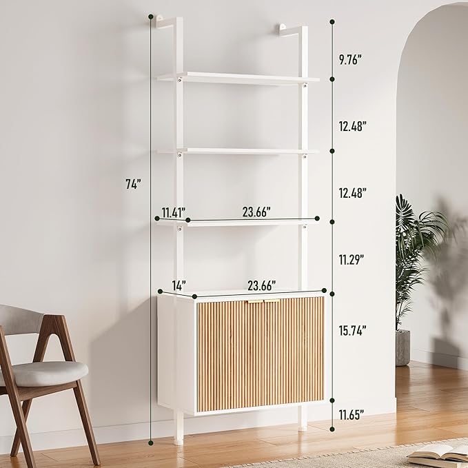 74" Ladder Bookshelf with Storage Cabinet, Wood & Metal Frame, Open Display Shelf, White and Oak