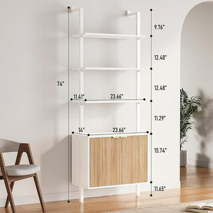 Tall Ladder Bookshelf with Storage Cabinet, Modern Wood and Metal Bookcase for Living Room, Bedroom, or Home Office