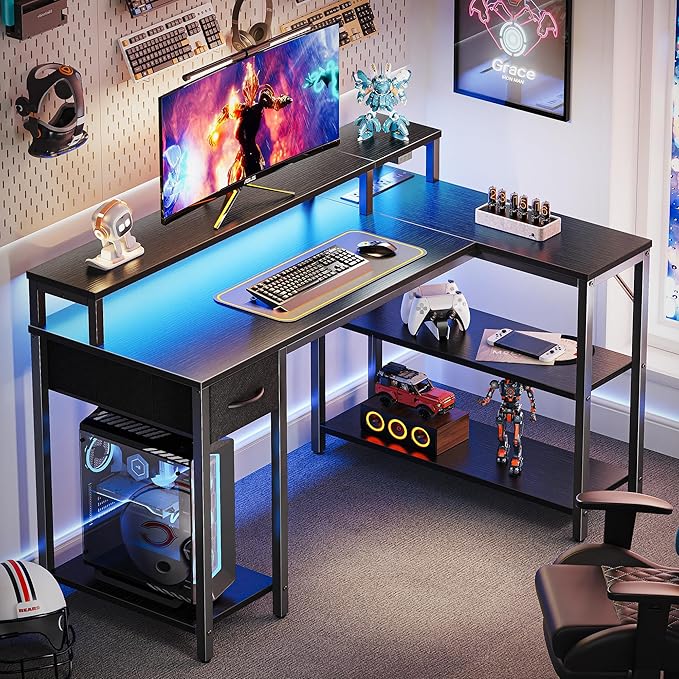 L Shaped Gaming Desk with Drawer, LED Lights, Power Outlets, Shelves & Monitor Stand, 47" Black