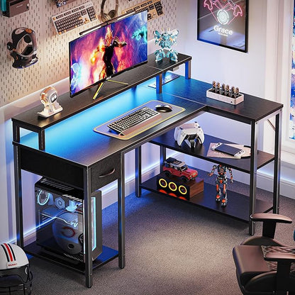 L Shaped Gaming Desk with Drawer, LED Lights, Power Outlets, Shelves & Monitor Stand, 47" Black