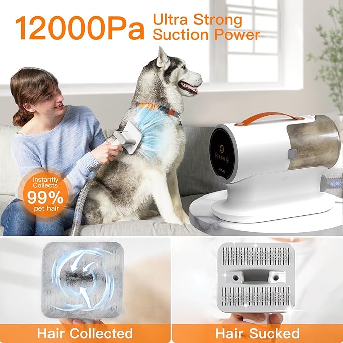 Dog Grooming Vacuum Kit, 12000Pa Strong Pet Hair Vacuum for Shedding & Grooming, Quiet with 2L Large Capacity