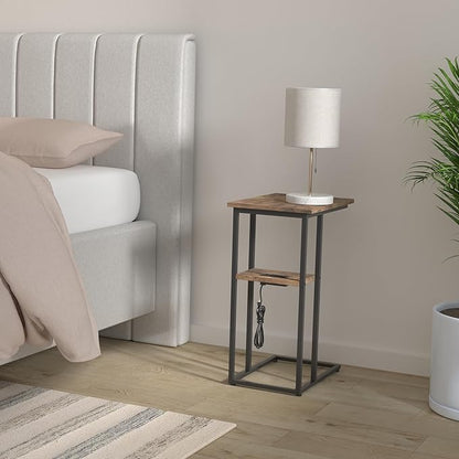 Side Table Set of 2, C-Shaped End Tables with USB Charging & LED Light, Small Sofa Laptop & Snack Tables, Rustic Brown