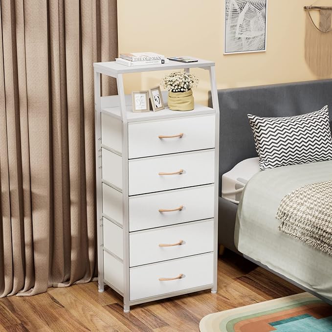 White 5-Drawer Fabric Dresser with Wood Top and Steel Frame, Vertical Storage Tower for Bedroom and Closet
