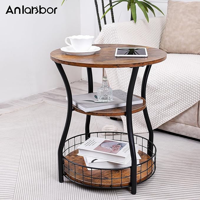 Round 3-Tier Side Table with Storage Shelves, Rustic Brown
