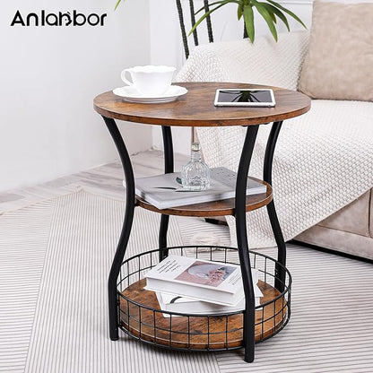 Round 3-Tier Side Table with Storage Shelves, Rustic Brown