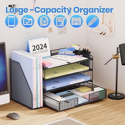 4-Tier Desktop File Organizer with Drawer and Pen Holders – Desk Organizer for Office Supplies (Black)