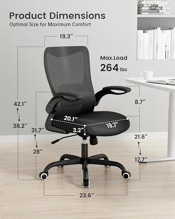 Ergonomic Office Chair with Adjustable Lumbar Support, Flip-Up Armrests, Breathable Mesh – Black