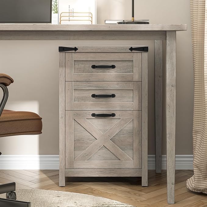 3-Drawer Vertical File Cabinet – Farmhouse Wood Storage, Fits Letter/A4, Grey