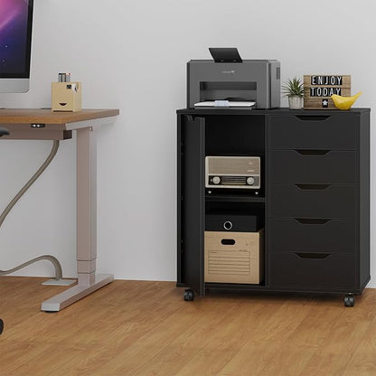 5-Drawer Chest with Door – Wooden Storage Dresser Cabinet on Wheels, Black