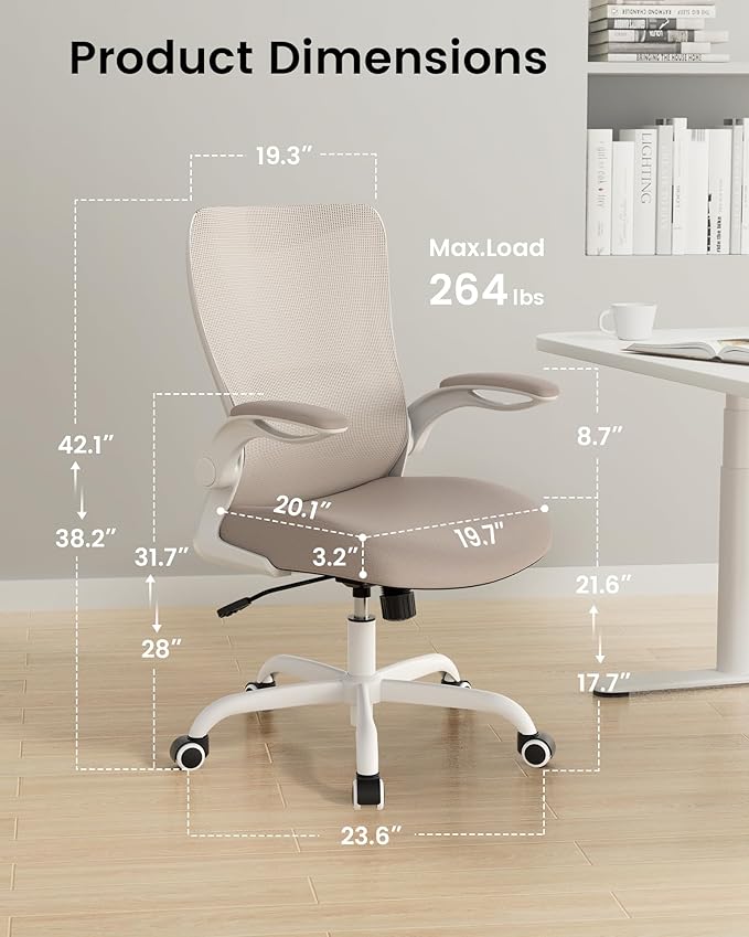 Ergonomic Office Chair with Adjustable Lumbar Support, Flip-Up Armrests, Breathable Mesh – Khaki