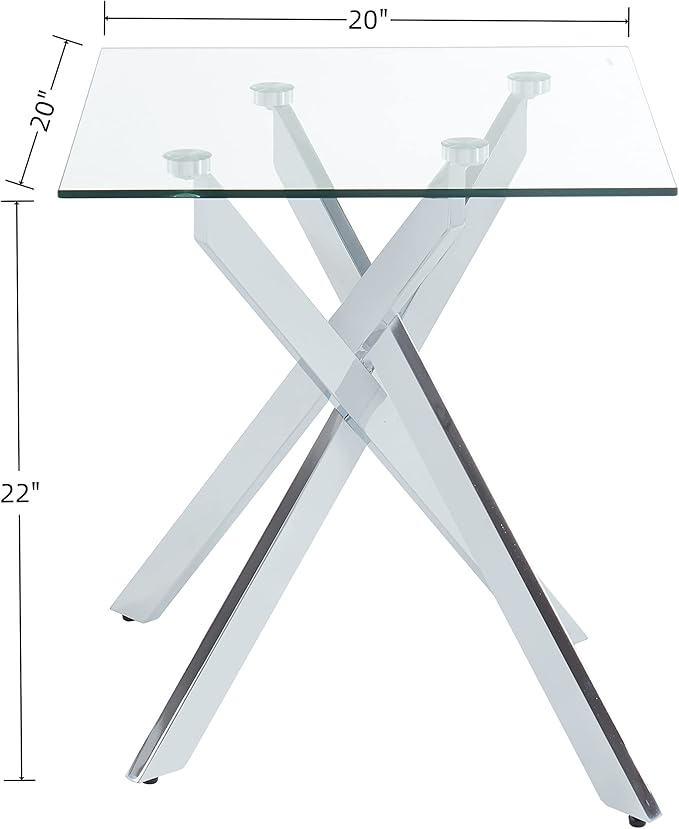 Square Glass Side Table with Metal Legs, Silver, 20”x20”x22”