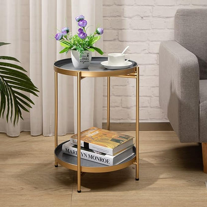 2-Tier Round Folding Side Table with Removable Tray, Gold & Grey