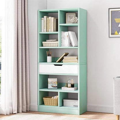 Wooden 8-Cube Bookcase with Drawer, Freestanding Storage Cabinet Organizer, Tiffany Green