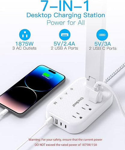 LED Desk Lamp with Power Strip, 5ft Cord, 3 Outlets, 4 USB Ports, Touch Control, Adjustable Light, White