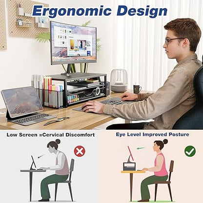 2-Tier Monitor Stand Riser with Drawer and Pen Holders – Desk Organizer and Laptop Stand for Office Supplies (Black)