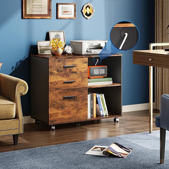 3 Drawer Mobile File Cabinet with Shelves, Wood Lateral Filing Cabinet and Printer Stand for Home Office, Rustic Brown