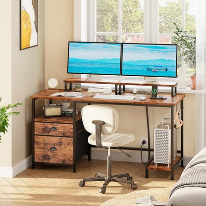 Home Office Desk with Monitor Stands, Drawer & Shelves, Rustic Broen