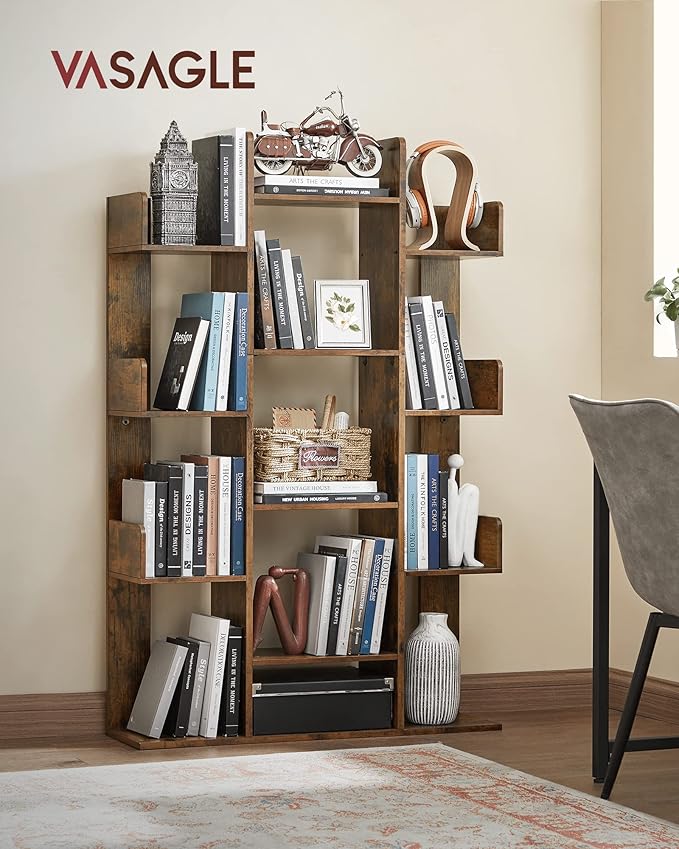 Tree-Shaped Bookshelf with 13 Shelves, Rounded Corners, Rustic Brown, 55" H