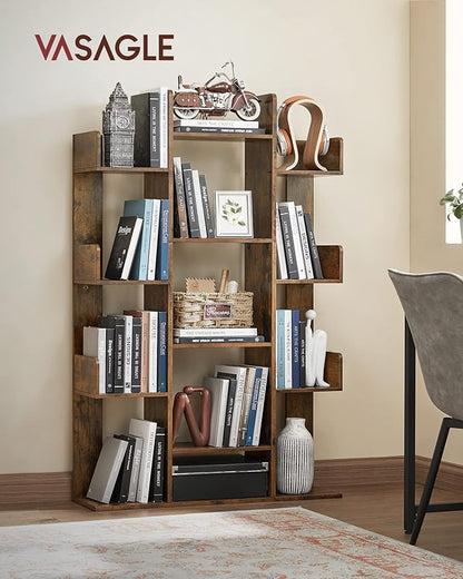Tree-Shaped Bookshelf with 13 Shelves, Rounded Corners, Rustic Brown, 55" H