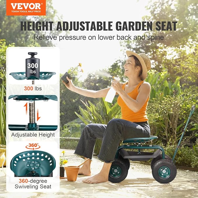 Rolling Garden Cart with Swivel Seat, Wheels & Tool Tray – Green