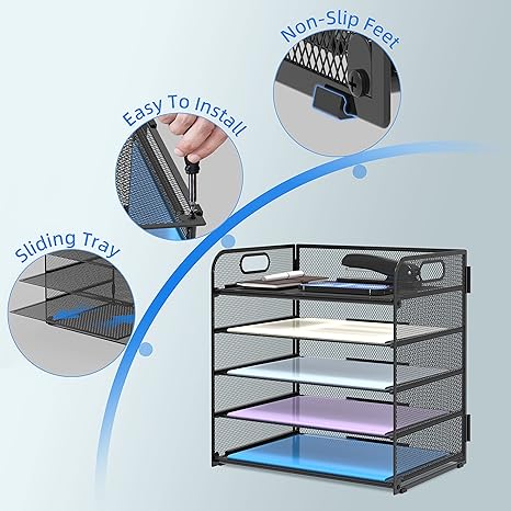 5-Tier Mesh Paper Organizer with Handle – Desk File and Letter Tray for Office, Home, or School