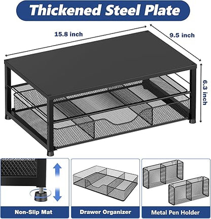 2-Tier Monitor Stand Riser with Drawer and Pen Holders – Desk Organizer and Laptop Stand for Office Supplies (Black)