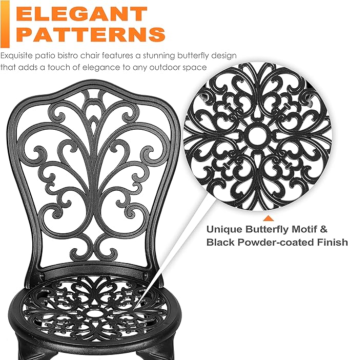 3-Piece Cast Aluminum Bistro Set with Table and Chairs, Outdoor Patio Furniture with Umbrella Hole, Black