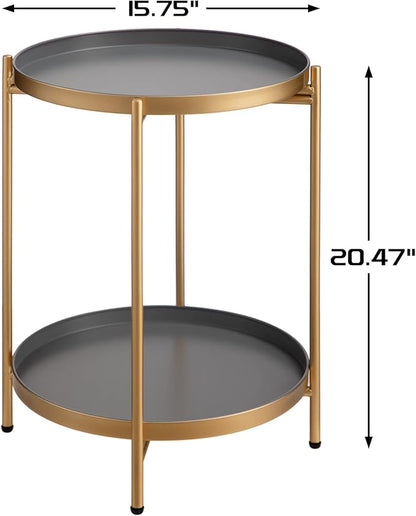 2-Tier Round Folding Side Table with Removable Tray, Gold & Grey