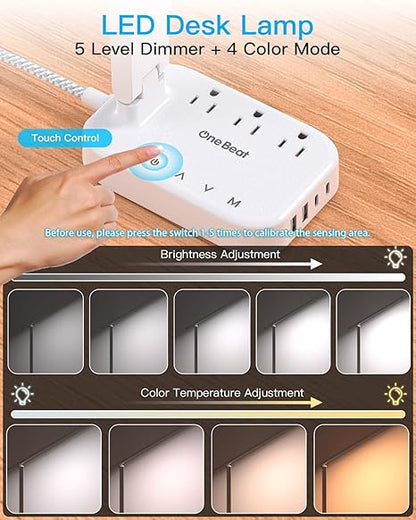 LED Desk Lamp with Power Strip, 5ft Cord, 3 Outlets, 4 USB Ports, Touch Control, Adjustable Light, White