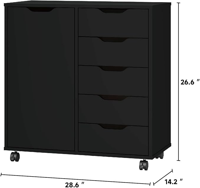 5-Drawer Chest with Door – Wooden Storage Dresser Cabinet on Wheels, Black