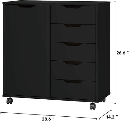 5-Drawer Chest with Door – Wooden Storage Dresser Cabinet on Wheels, Black