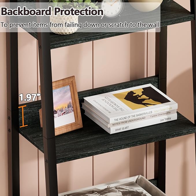 5-Tier Ladder Shelf with Drawer, Tall Narrow Bookshelf Storage Rack for Living Room, Bedroom, Home Office – Black Oak