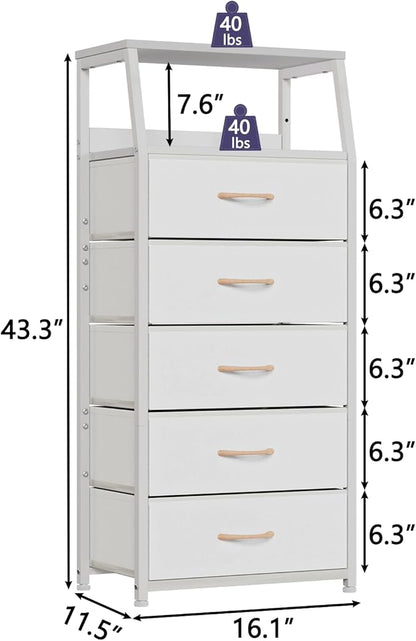 White 5-Drawer Fabric Dresser with Wood Top and Steel Frame, Vertical Storage Tower for Bedroom and Closet