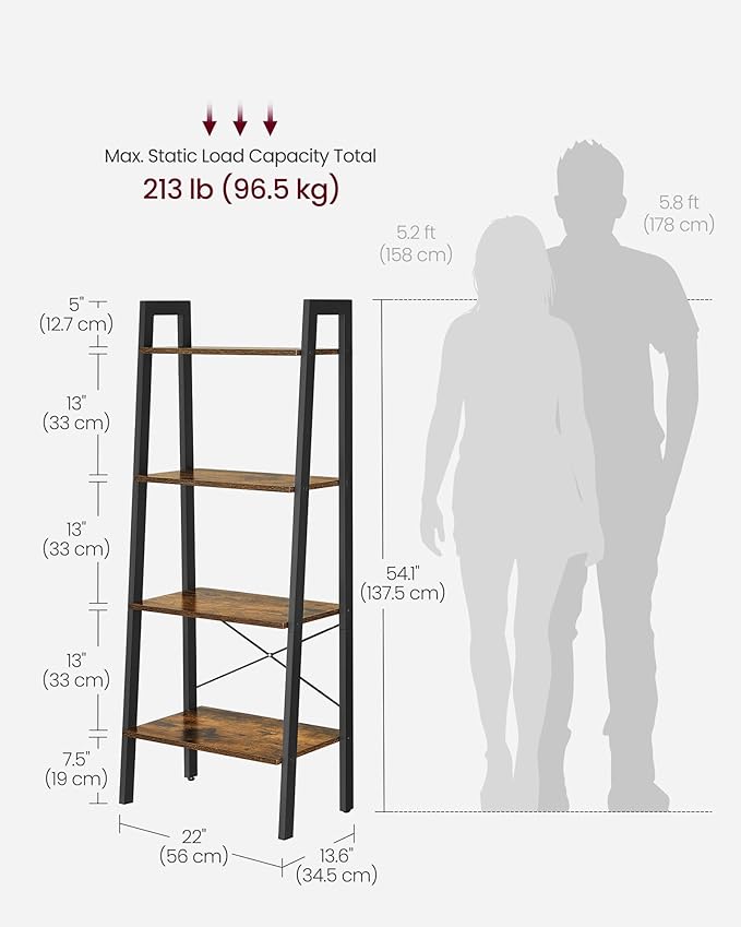 4-Tier Ladder Shelf, Industrial Bookshelf with Steel Frame for Living Room, Office, or Bedroom, Rustic Brown & Black