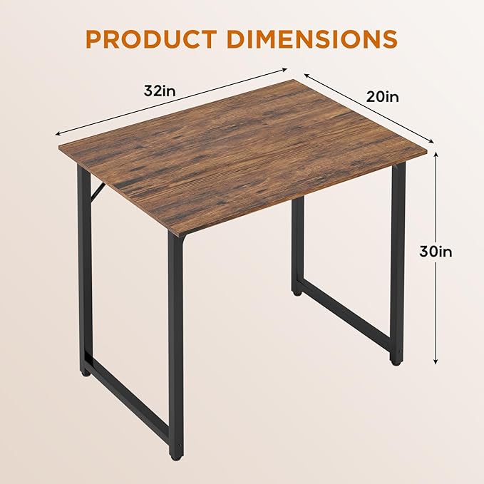 Compact Computer Desk, 32" Office Writing Table with Metal Frame, Adjustable Feet, Scratch-Resistant Surface, Brown