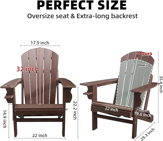 Folding Adirondack Chair with Cup Holder & Umbrella Hole, Weather-Resistant HDPE, Brown
