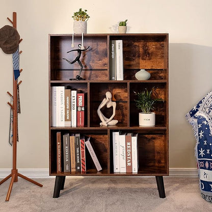 3-Tier Cube Bookshelf with Legs – Mid-Century Rustic Brown Wood Storage Organizer for Bedroom, Living Room, or Office