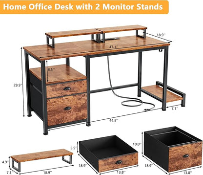 Home Office Desk with Monitor Stands, Drawer & Shelves, Rustic Broen