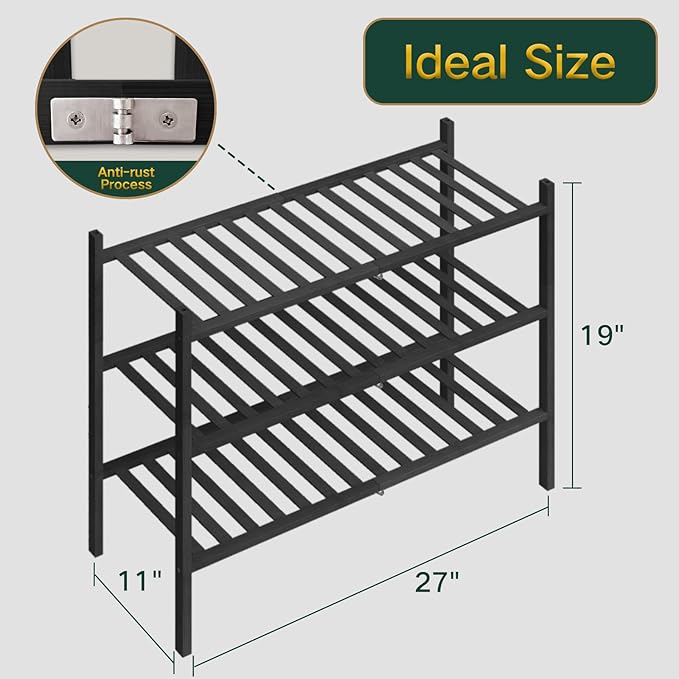 3-Tier Bamboo Shoe Rack, Stackable Free-Standing Organizer for Entryway, Hallway, Bathroom – Black