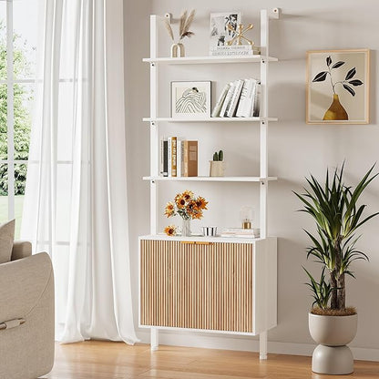 74" Ladder Bookshelf with Storage Cabinet, Wood & Metal Frame, Open Display Shelf, White and Oak