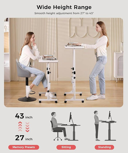 Adjustable Portable Standing Desk with Wheels – 27" to 43.5" Height, White